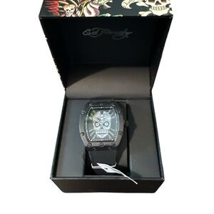 ED HARDY GOTH MATTE BLACK SILVER SKULL MEN'S SILICONE STRAP WATCH